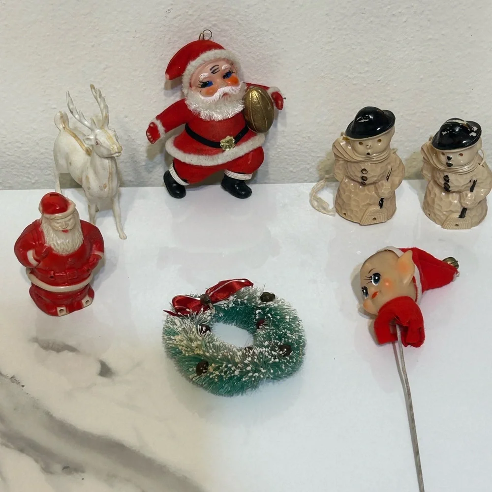 Vintage Lot of 7 Christmas Tree Ornaments - Santa, Snowmen, Elf, Wreath, Deer